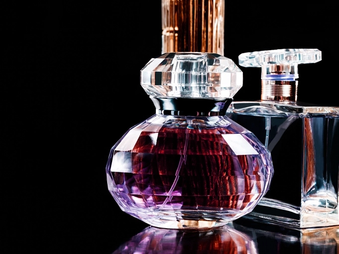 Facettierte Parfumflakons vor schwarzem Hintergrund. Abfüllung, Verpackung und Konfektionierung von Parfum.