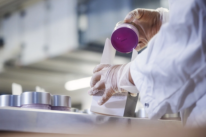 Mitarbeiter mit Handschuhen verpackt einen violetten Kosmetiktiegel in eine Faltschachtel – Konfektionierung.